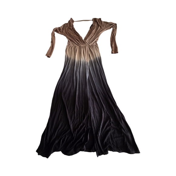 Anthropologie Fraiche by J Ombre Maxi Dress L Tan Black Plunge Boho Long Sleeve - Picture 12 of 14